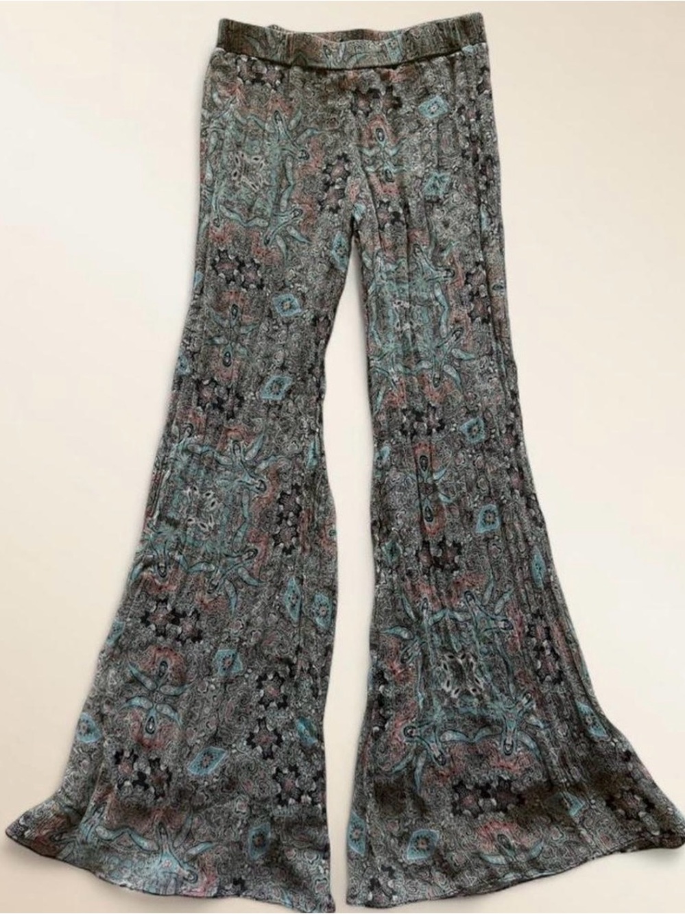 Ella Moss Silk Flare Pants Low Rise Boho Tapestry Sage Rose Teal